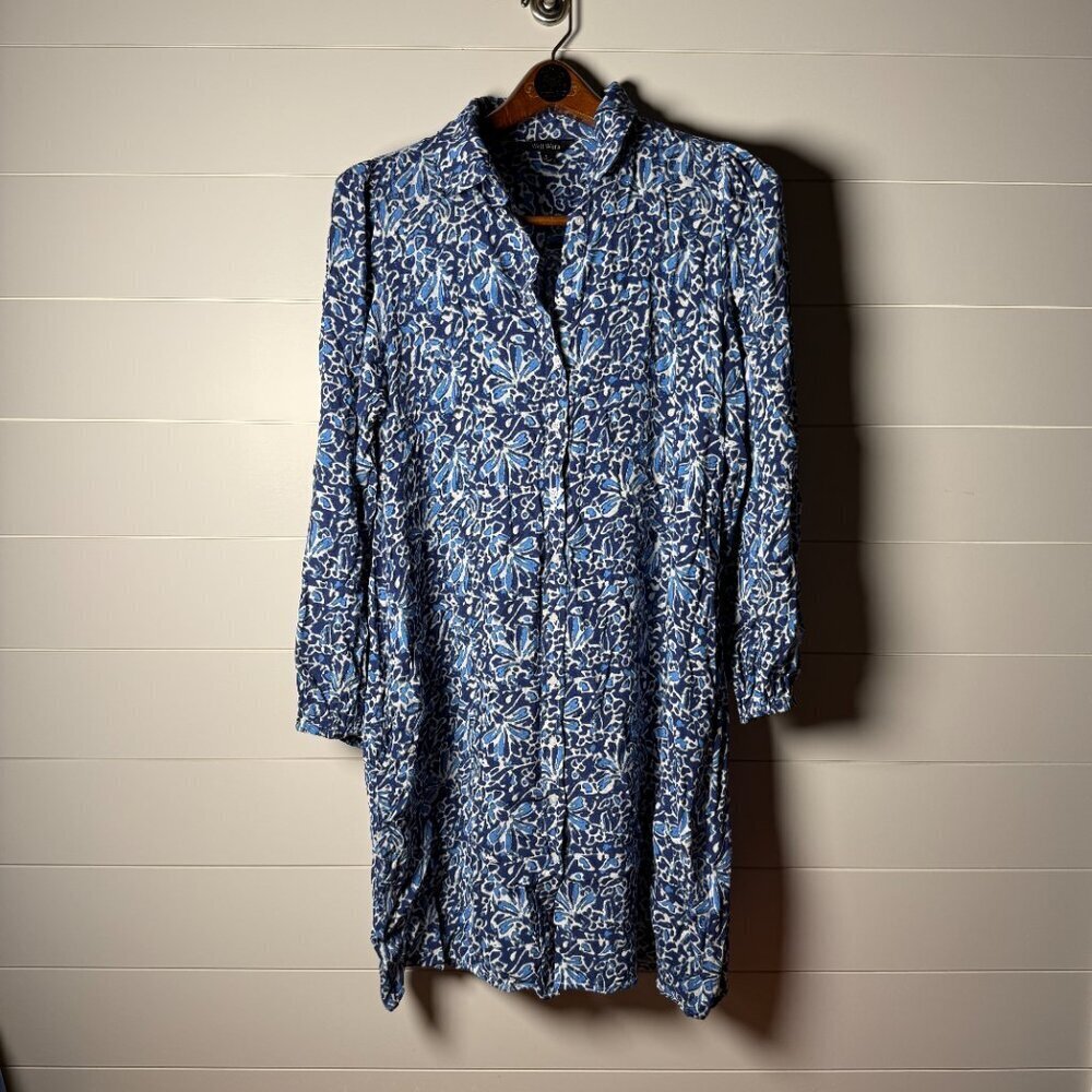 Well Worn Women's Long Sleeve Button Dress Blue & White Print Size Large